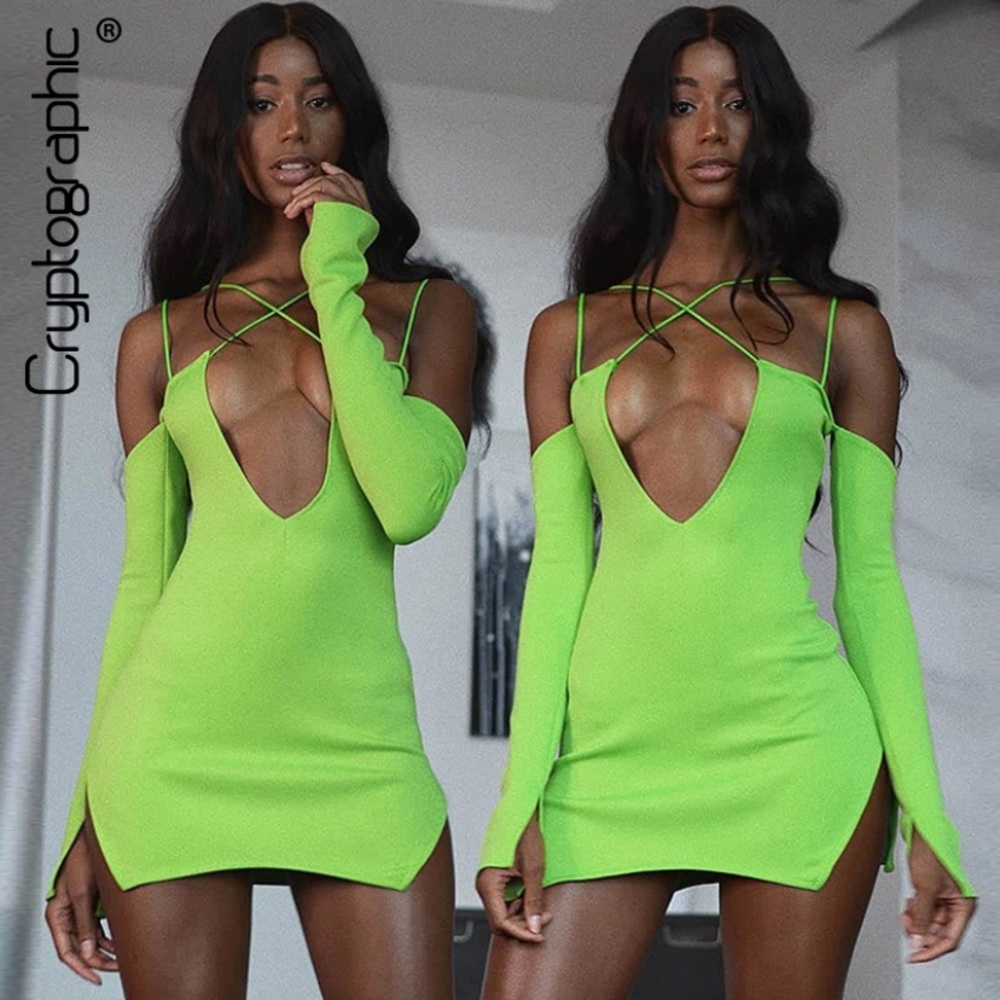 neon green long sleeve dress criss cross cut out